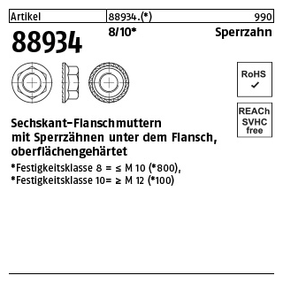 500 Stück, Artikel 88934 8 Sperrzahn Sechskant-Flanschmuttern mit Sperrzähnen unter dem Flansch, oberflächengehärtet - Abmessung: M 5