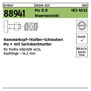 25 Stück, Artikel 88941 Mu 8.8 HZS 41/22 feuerverzinkt Hammerkopf-/Halfen-Schrauben, mit Sechskantmutter - Abmessung: M 16 x 50