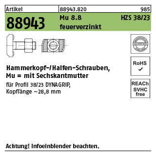 25 Stück, Artikel 88943 Mu 8.8 HZS 38/23 feuerverzinkt Hammerkopf-/Halfen-Schrauben, mit Sechskantmutter - Abmessung: M 16 x 60