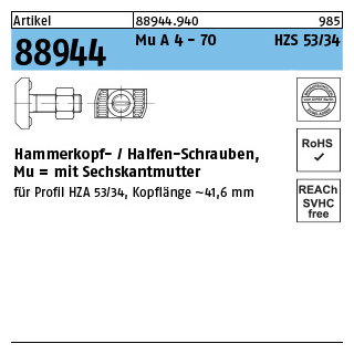 25 Stück, Artikel 88944 Mu A 4 - 70 HZS 53/34 Hammerkopf-/Halfen-Schrauben, mit Sechskantmutter - Abmessung: M 20 x 100