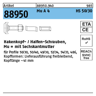 25 Stück, Artikel 88950 Mu A 4 HS 50/30 Hakenkopf-/Halfen-Schrauben, mit Sechskantmutter - Abmessung: M 12 x 50