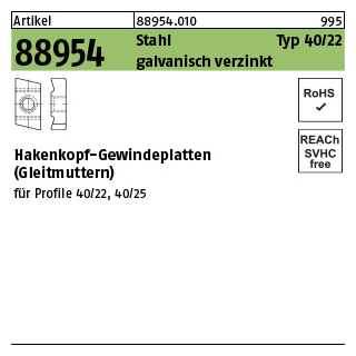 100 Stück, Artikel 88954 Stahl Typ 40/22 galvanisch verzinkt Hakenkopf-Gewindeplatten (Gleitmuttern) - Abmessung: M 8