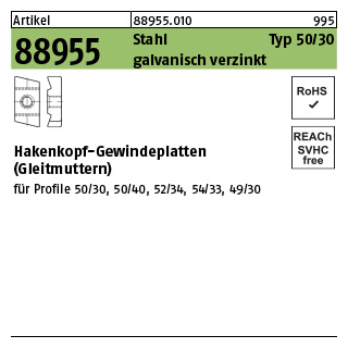 50 Stück, Artikel 88955 Stahl Typ 50/30 galvanisch verzinkt Hakenkopf-Gewindeplatten (Gleitmuttern) - Abmessung: M 8