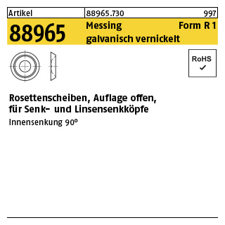 100 Stück, Artikel 88965 Messing Form R 1 galvanisch vernickelt Rosettenscheiben, Auflage offen, für Senk- und Linsensenkköpfe - Abmessung: 7,0 x12,5 x3,2