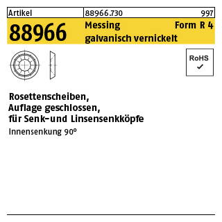 100 Stück, Artikel 88966 Messing Form R 4 galvanisch vernickelt Rosettenscheiben, Auflage geschlossen, für Senk-und Linsensenkköpfe - Abmessung: 7,0 x12,0 x3,4