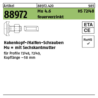 20 Stück, Artikel 88972 Mu 4.6 HS 72/48 feuerverzinkt Hammerkopf-/Halfen-Schrauben, mit Sechskantmutter - Abmessung: M 20 x 50