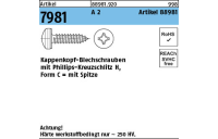 1000 Stück, Artikel 7981 A 2 Artikel 88981 Kappenkopf-Blechschrauben mit Phillips-Kreuzschlitz H, mit Spitze - Abmessung: 3,9 x 9,5 -H