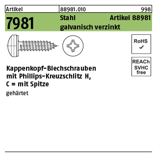 1000 Stück, Artikel 7981 Stahl Artikel 88981 galvanisch verzinkt Kappenkopf-Blechschrauben mit Phillips-Kreuzschlitz H, mit Spitze - Abmessung: 3,9 x 13 -H