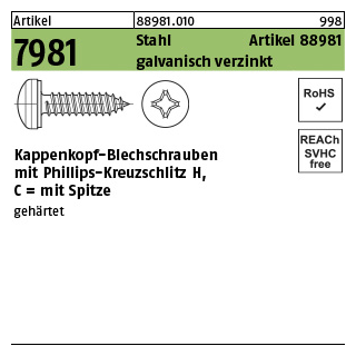 1000 Stück, Artikel 7981 Stahl Artikel 88981 galvanisch verzinkt Kappenkopf-Blechschrauben mit Phillips-Kreuzschlitz H, mit Spitze - Abmessung: 3,9 x 16 -H