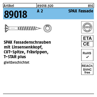 100 Stück, Artikel 89018 A 2 SPAX Fassade SPAX Fassadenschrauben mit Spitze, Linsensenkkopf, Fräsrippen, T-STAR - Abmessung: 4,5 x 60/37 -T