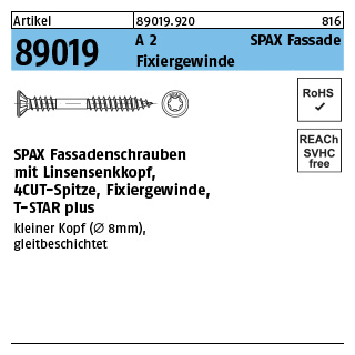 100 Stück, Artikel 89019 A 2 SPAX Fassade Fixiergewinde SPAX Fassadenschrauben mit Linsensenkkopf, Spitze, T-STAR - Abmessung: 4,5 x 70/31 -T