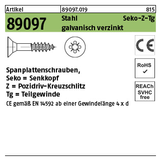 1000 Stück, Artikel 89097 Stahl CE Seko-Z-Tg galvanisch verzinkt Spanplattenschrauben, Senkkopf, Pozidriv-Kreuzschlitz, Teilgewinde - Abmessung: 3 x 30/18 -Z