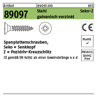 1000 Stück, Artikel 89097 Stahl CE Seko-Z galvanisch verzinkt Spanplattenschrauben, Senkkopf, Pozidriv-Kreuzschlitz - Abmessung: 4 x 20 -Z