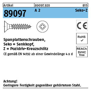 200 Stück, Artikel 89097 A 2 CE Seko-Z Spanplattenschrauben, Senkkopf, Pozidriv-Kreuzschlitz - Abmessung: 4 x 20 -Z