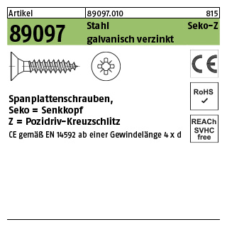 1000 Stück, Artikel 89097 Stahl CE Seko-Z galvanisch verzinkt Spanplattenschrauben, Senkkopf, Pozidriv-Kreuzschlitz - Abmessung: 4 x 25 -Z