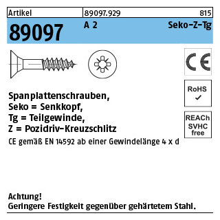 200 Stück, Artikel 89097 A 2 CE Seko-Z-Tg Spanplattenschrauben, Senkkopf, Pozidriv-Kreuzschlitz, Teilgewinde - Abmessung: 4 x 40 -Z