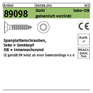 1000 Stück, Artikel 89098 Stahl CE Seko-ISR galvanisch verzinkt Spanplattenschrauben mit Vollgew., Senkkopf, Innensechsrund - Abmessung: 3 x 12 -T10