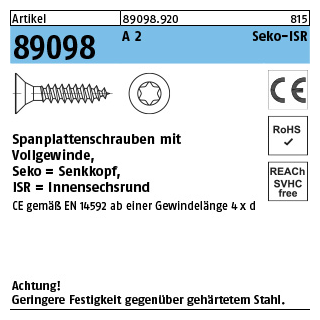 1000 Stück, Artikel 89098 A 2 CE Seko-ISR Spanplattenschrauben mit Vollgew., Senkkopf, Innensechsrund - Abmessung: 3 x 20 -T10