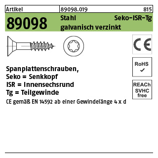 1000 Stück, Artikel 89098 Stahl CE Seko-ISR-Tg galvanisch verzinkt Spanplattenschrauben, Senkkopf, Innensechsrund, Tg - Abmessung: 3 x 30/18 -T10