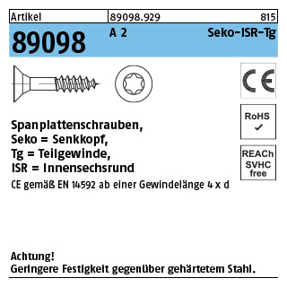 200 Stück, Artikel 89098 A 2 CE Seko-ISR-Tg Spanplattenschrauben, Senkkopf, Innensechsrund, Tg - Abmessung: 3,5 x 30 -T10