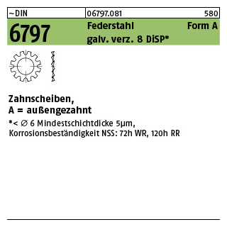 500 Stück, ~DIN 6797 Federstahl Form A galv. verz. 8 DiSP Zahnscheiben, außengezahnt - Abmessung: A 5,3