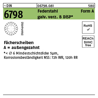 750 Stück, ~DIN 6798 Federstahl Form A galv. verz. 8 DiSP Fächerscheiben außengezahnt - Abmessung: A 13