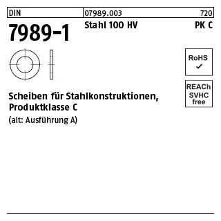 100 Stück, DIN 7989-1 Stahl 100 HV PK C Scheiben für Stahlkonstruktionen, Produktklasse C - Abmessung: 22/24 x 39 x8