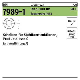 100 Stück, DIN 7989-1 Stahl 100 HV PK C feuerverzinkt Scheiben für Stahlkonstruktionen, Produktklasse C - Abmessung: 10/11 x 20 x8