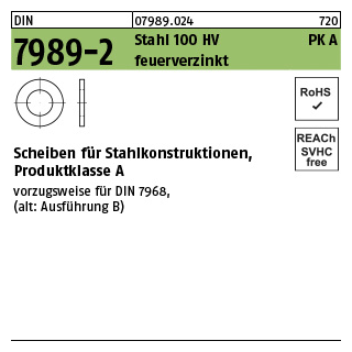 100 Stück, DIN 7989-2 Stahl 100 HV PK A feuerverzinkt Scheiben für Stahlkonstruktionen, Produktklasse A - Abmessung: 20/22 x 37 x8