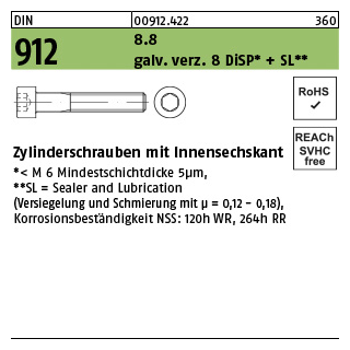 100 Stück, DIN 912 8.8 galv. verz. 8 DiSP + SL Zylinderschrauben mit Innensechskant - Abmessung: M 10 x 100