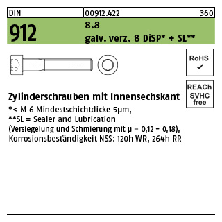 200 Stück, DIN 912 8.8 galv. verz. 8 DiSP + SL Zylinderschrauben mit Innensechskant - Abmessung: M 10 x 12