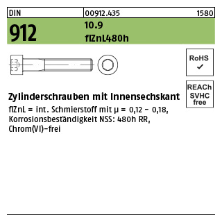 100 Stück, DIN 912 10.9 flZnL 480h (zinklamellenbesch.) Zylinderschrauben mit Innensechskant - Abmessung: M 10 x 100