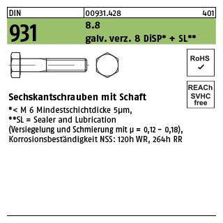 25 Stück, DIN 931 8.8 galv. verz. 8 DiSP + SL Sechskantschrauben mit Schaft - Abmessung: M 14 x 130