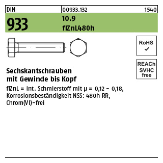 25 Stück, DIN 933 10.9 flZnL 480h (zinklamellenbesch.) Sechskantschrauben mit Gewinde bis Kopf - Abmessung: M 16 x 100