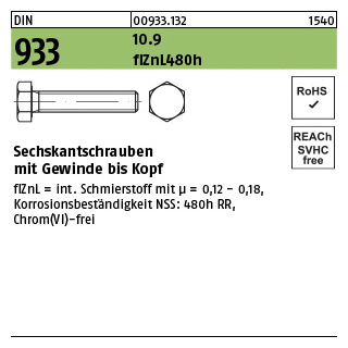 200 Stück, DIN 933 10.9 flZnL 480h (zinklamellenbesch.) Sechskantschrauben mit Gewinde bis Kopf - Abmessung: M 6 x 55