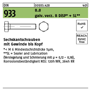 50 Stück, DIN 933 8.8 galv. verz. 8 DiSP + SL Sechskantschrauben mit Gewinde bis Kopf - Abmessung: M 16 x 35