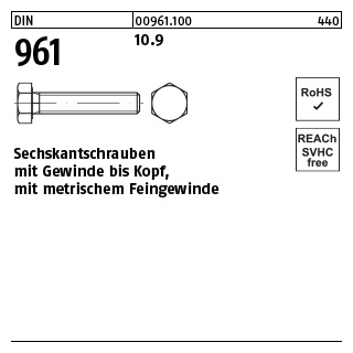 100 Stück, DIN 961 10.9 Sechskantschrauben mit Gewinde bis Kopf, mit metrischem Feingewinde - Abmessung: M 10 x1,25x 70