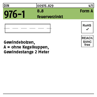 1 Stück, DIN 976-1 8.8 Form A feuerverzinkt Gewindebolzen, ohne Kegelkuppen Gewindestange 2 Meter - Abmessung: AM 12 x 2000