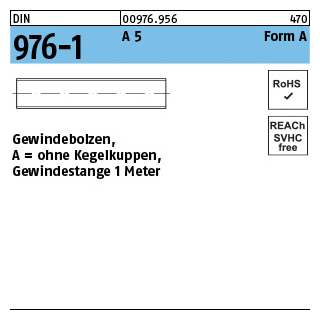 1 Stück, DIN 976-1 A 5 Form A Gewindebolzen, ohne Kegelkuppen Gewindestange 1 Meter - Abmessung: AM 12 x 1000