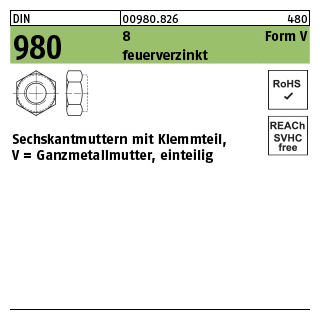 100 Stück, DIN 980 8 Form V feuerverzinkt Sechskantmuttern mit Klemmteil, Ganzmetallmuttern, einteilig - Abmessung: V M 12