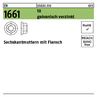 500 Stück, EN 1661 10 galvanisch verzinkt Sechskantmuttern mit Flansch - Abmessung: M 10