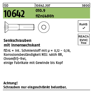 200 Stück, ISO 10642 010.9 flZnL 480h (zinklamellenbesch.) Senkschrauben mit Innensechskant - Abmessung: M 10 x 20