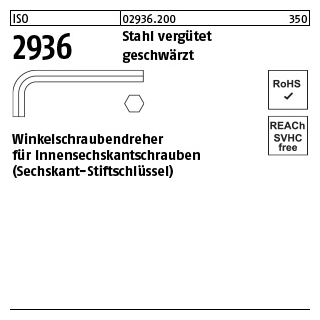 100 Stück, ISO 2936 Stahl vergütet geschwärzt Winkelschraubendreher für Innensechskantschrauben - Abmessung: SW 1,3