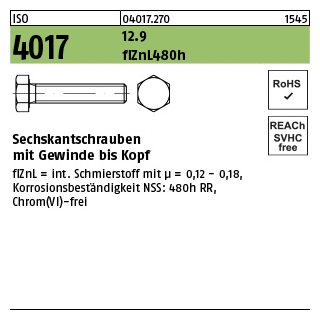 200 Stück, ISO 4017 12.9 flZnL 480h (zinklamellenbesch.) Sechskantschrauben mit Gewinde bis Kopf - Abmessung: M 10 x 20