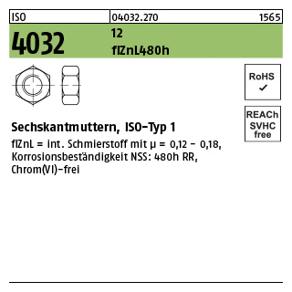 100 Stück, ISO 4032 12 flZnL 480h (zinklamellenbesch.) Sechskantmuttern, ISO-Typ 1 - Abmessung: M 12
