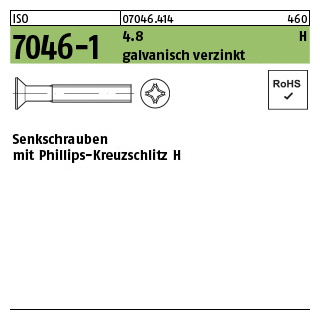 200 Stück, ISO 7046-1 4.8 H galvanisch verzinkt Senkschrauben mit Phillips-Kreuzschlitz H - Abmessung: M 4 x 5 -H