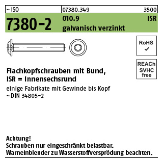 500 Stück, ~ISO 7380-2 010.9 ISR, galvanisch verzinkt Flachkopfschrauben mit Innensechsrund und Bund - Abmessung: M 4 x 10 -T20