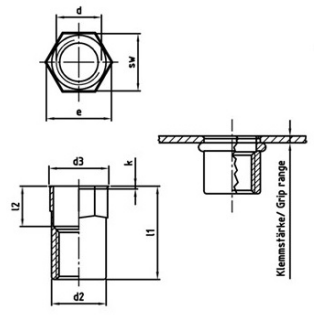 250 Stück, Artikel 1027 A2  Einnietmuttern kl. Seko, Teilsechskantschaft offen - Abmessung: M 10 x 20,5