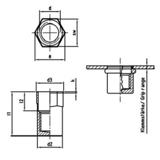 250 Stück, Artikel 1028 A4  Einnietmuttern kl.Seko Teilsechskantschaft geschl - Abmessung: M 12 x 31,1