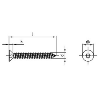 200 Stück, DIN 7982 A2 Form C-V Senk-Blechschrauben mit Spitze, mit Innenvierkant - Abmessung: C 3,9 x 13